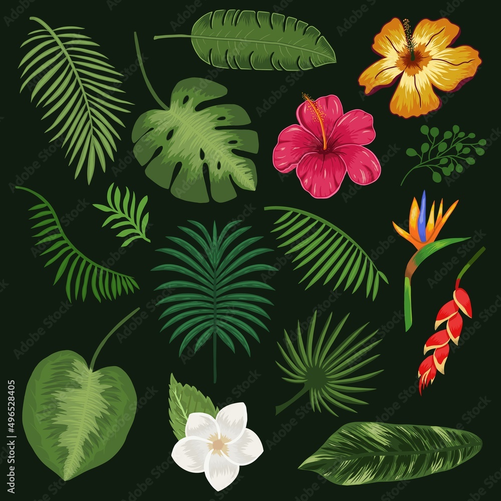 Tropical flowers and foliage green palm and monstera leaves in vintage style vector