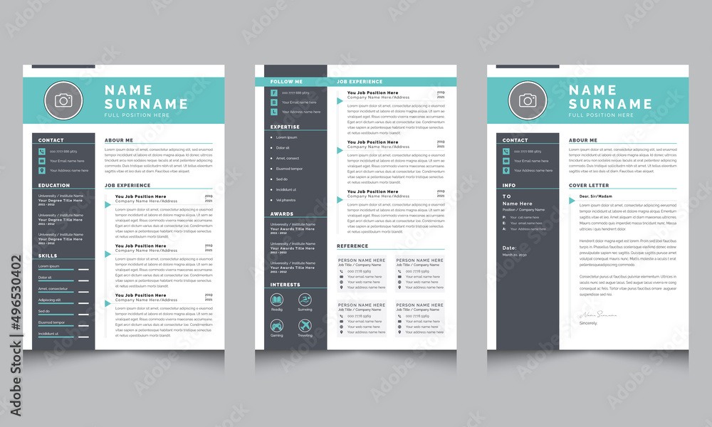 Professional Resume with Cover Letter Job Applications, Minimalist resume template, Resume design template, cv design, Vector Template