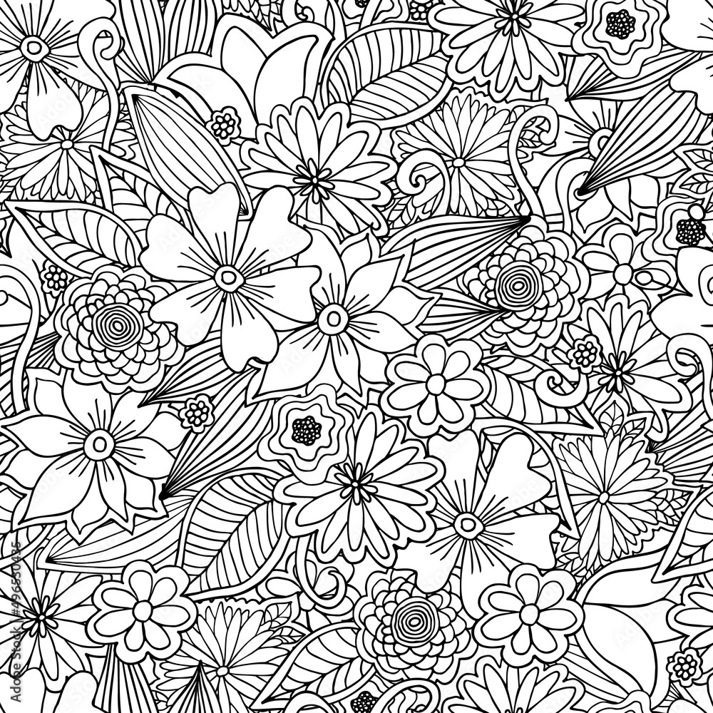 Vector black and white seamless pattern of doodle colors for coloring