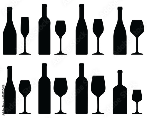 Black silhouettes of wine bottles and glasses on a white background	