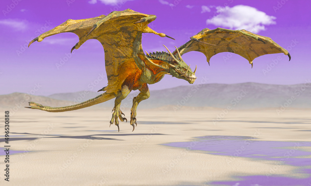 dragon is landing on the desert after rain