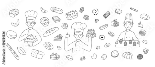 Doodle banner bakers confectioners and pastry cakes bread