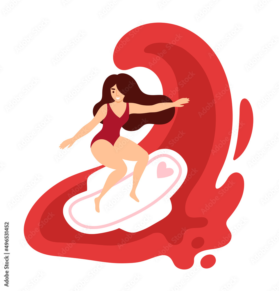 Woman surfing on sanitary pad. Girl having menstrual period, menstruation, premenstrual syndrome, PMS, female reproductive system. Active life concept. Vector illustration. Woman surfing on sanitary pad. Girl having menstrual period, menstruation, premenstrual syndrome, PMS, female reproductive system. Active life concept. Vector illustration.