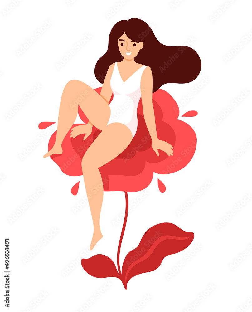 Woman sitting on red flower. Girl having menstrual period, menstruation, premenstrual syndrome, PMS, female reproductive system. Concept vector illustration. Woman sitting on red flower. Girl having menstrual period, menstruation, premenstrual syndrome, PMS, female reproductive system. Concept vector illustration.
