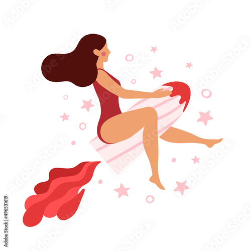 Woman flying on big tampon. Girl having menstrual period, menstruation, premenstrual syndrome, PMS, female reproductive system. Active life concept. Vector illustration.
