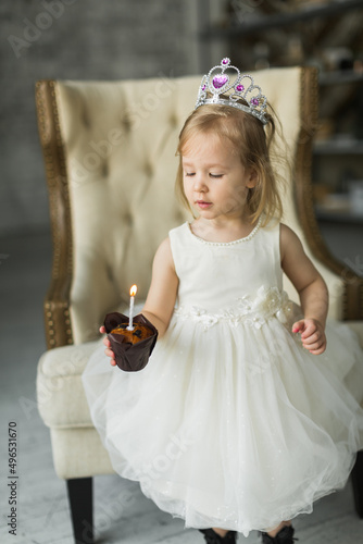 young princess celebrates her birthday. blows out the candle on the cake