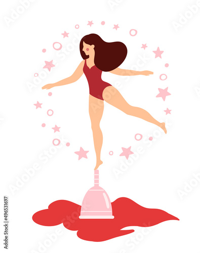 Woman balancing on menstrual cup. Girl having menstrual period, menstruation, premenstrual syndrome, PMS, female reproductive system. Active life concept. Vector illustration.