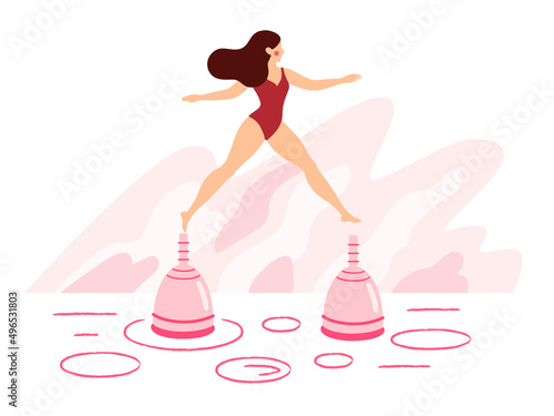 Woman jumping on menstrual cups. Girl having menstrual period, menstruation, premenstrual syndrome, PMS, female reproductive system. Active life concept. Vector illustration, horizontal banner.