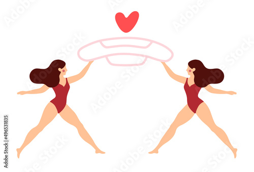 Two women holding sanitary pad. Girl having menstrual period, menstruation, premenstrual syndrome, PMS, female reproductive system. Active life concept. Vector illustration.