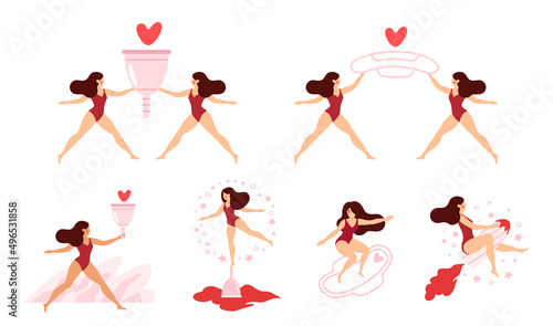 Women with tampon, pad, menstrual cup. Active life concept. Girl having menstrual period, menstruation, premenstrual syndrome, PMS, female reproductive system. Vector illustration.