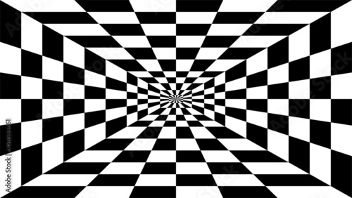 Abstract 3D geometrical black and white checkered line background. Pattern with optical illusion. Vector illustration kaleidoscope. Solar explosion. Sunburst rays.