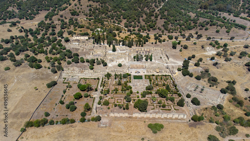 Aerial drone view of the Caliphate City of Medina Azahara in Cordoba. Archaeological site. Unesco World Heritage, Spain. Ancient civilization. Historic place. Touristic destination for holidays. 
