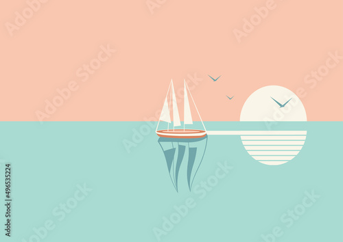 Sailboat or boat floats in the sea at sunset.