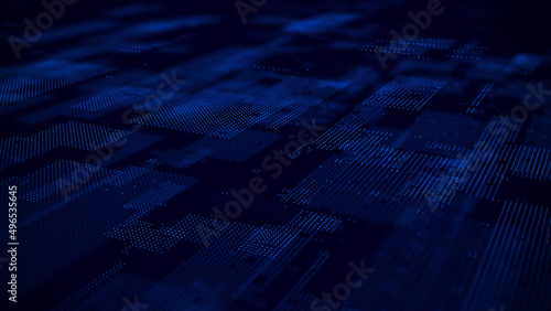 Blue digital futuristic cyberspace. Data storage service. Big data technology concept. Blockchain system connections. Server room. Quantum computer system. 3d rendering of matrix with particles and