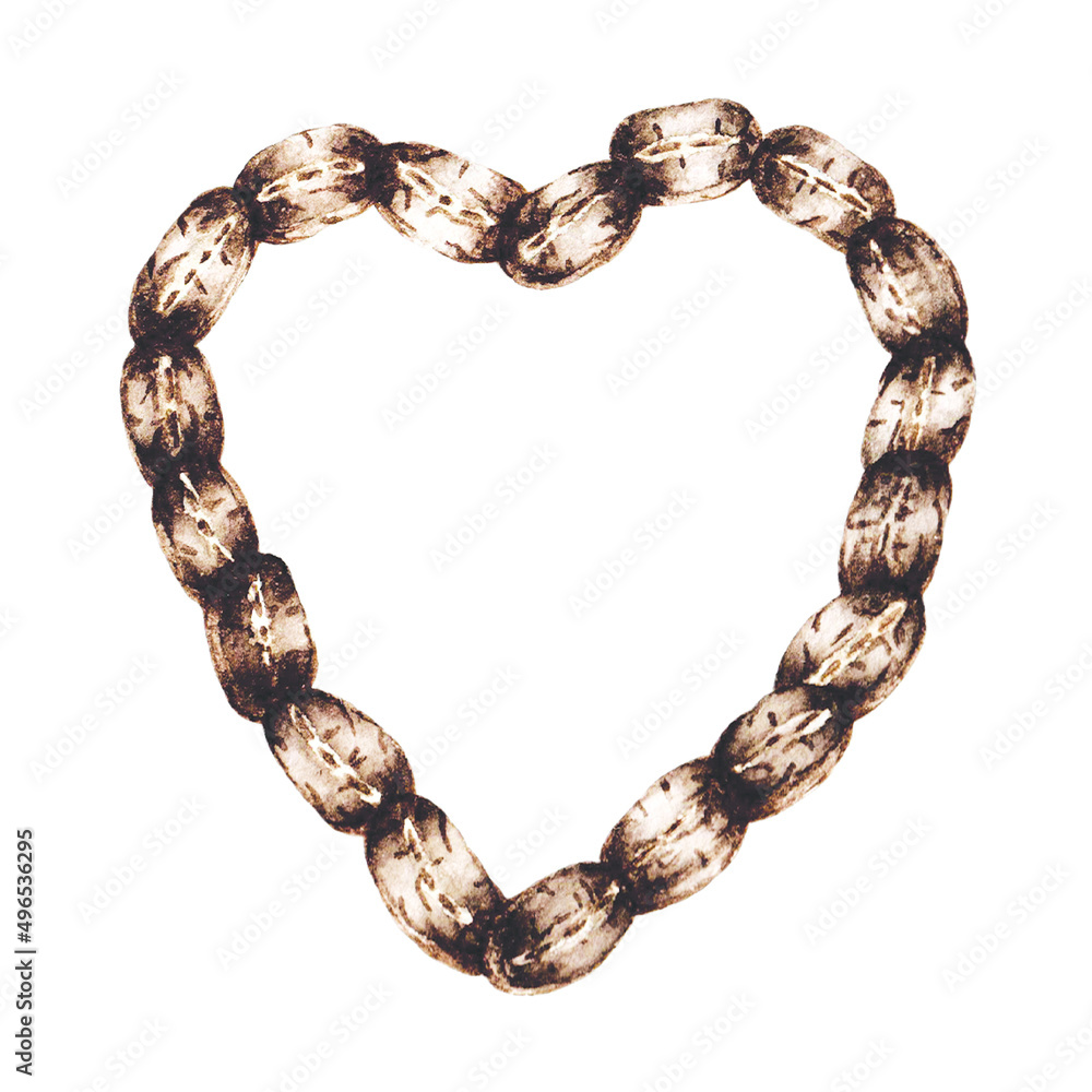 An isolated watercolor artistic hand drawn illustration of a frame formed out of coffee beans in a heart form with a real aquarelle paper texture for design of text,label,greeting and invitation cards
