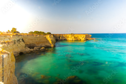 SALENTO, ITALY, 11 AUGUST 2021 The beautiful crystal clear Sea of Apulia from the cliffs and the sea stacks of Sant'Andrea