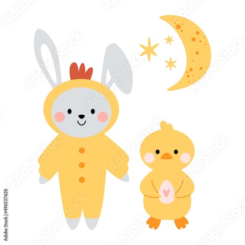 Kawaii cute bunny  rabbit a chicken costume and chicken  duckling with moon and stars. Happy Easter. Charming clipart for postcards  prints  banners  templates  social media  web.