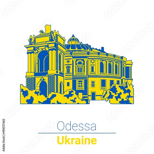 Vector image. Opera theater in Odessa. Ukrainian flag colors