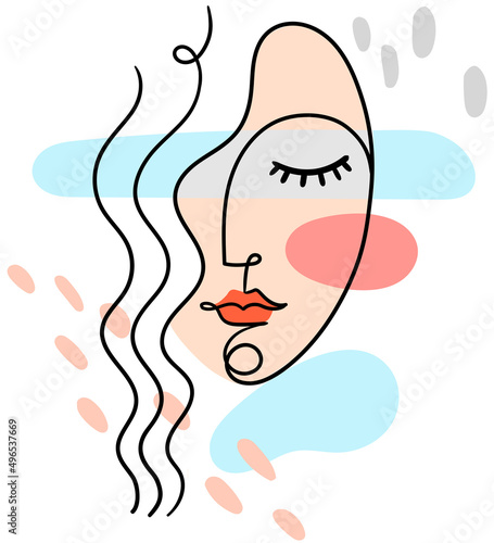 Woman face in modern style with abstract shapes. Minimalist line portrait. Isolated vector illustration