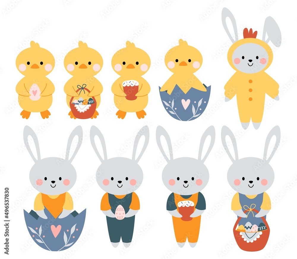 Set kawaii cute bunnies, rabbits and chickens, ducklings. Happy Easter. Charming clipart for postcards, prints, banners, templates, social media and web.