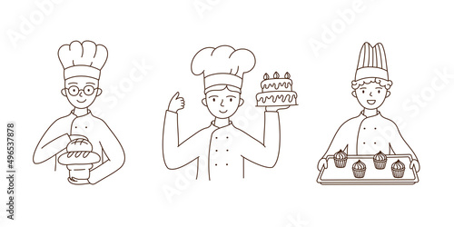 Set bakers in a chef's uniform with various baked goods