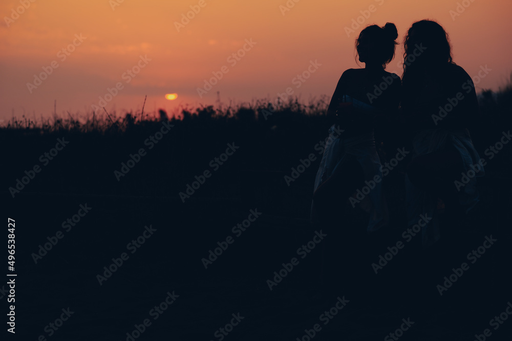 Silhouette of a two attractive young woman posing on the beach during sunset