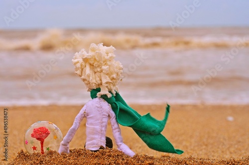 Muñeco del principito y su rosa en la playa
