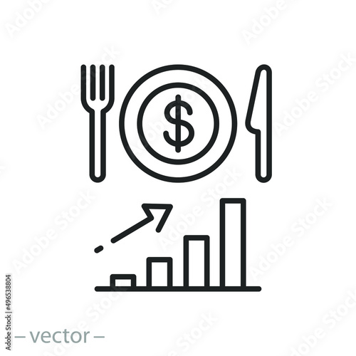 rising price for food icon, increase grocery crisis, up graph, thin line symbol on white background - editable stroke vector illustration