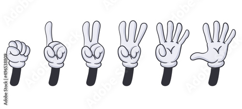 Comic hands numbers gestures, cartoon finger counting signs. Hand numbers, comic book hands in glove one, two, three, four fingers gesture vector symbols illustrations