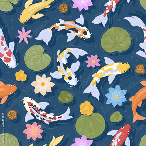 Japanese carp koi fish, asian goldfish, pond carp seamless pattern. Chinese carp and pond flowers, goldfish oriental water garden vector background illustration. Swimming koi fish