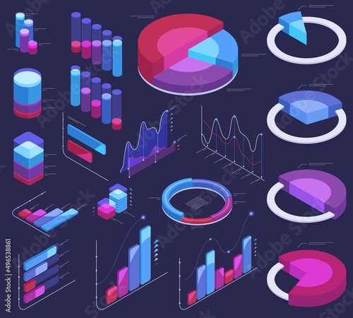 Isometric data analysis, 3d graphic chart infographic elements. Visual dashboard futuristic charts, statistic diagram vector symbols illustrations set. Business charts elements photo