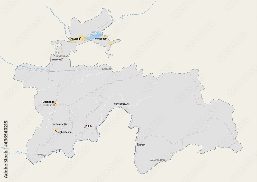 Isolated map of Tajikistan with capital, national borders, important cities, rivers,lakes. Detailed map of Tajikistan suitable for large size prints and digital editing.