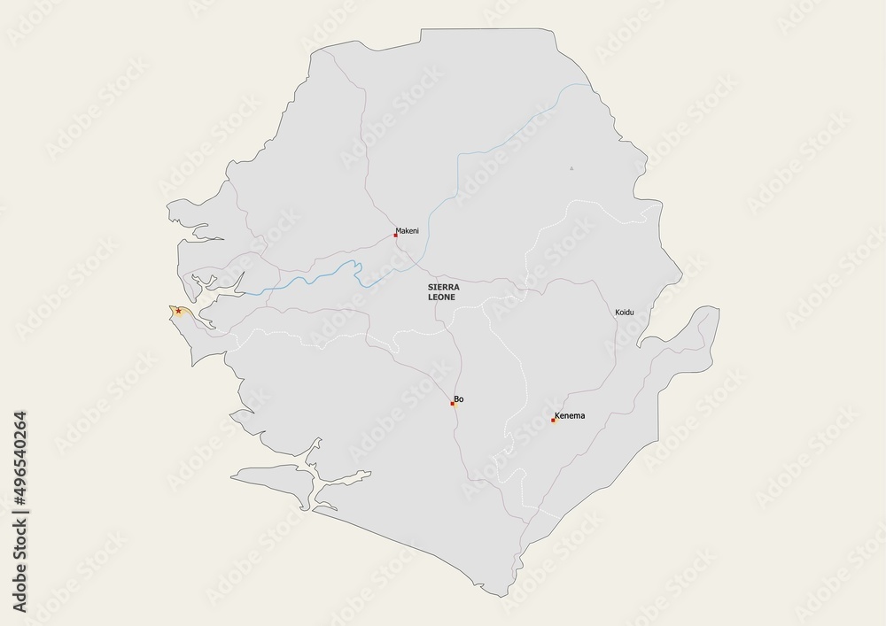 Isolated map of Sierra Leone with capital, national borders, important
