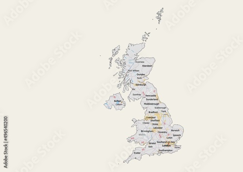 Isolated map of United Kingdom with capital, national borders, important cities, rivers,lakes. Detailed map of United Kingdom suitable for large size prints and digital editing. photo