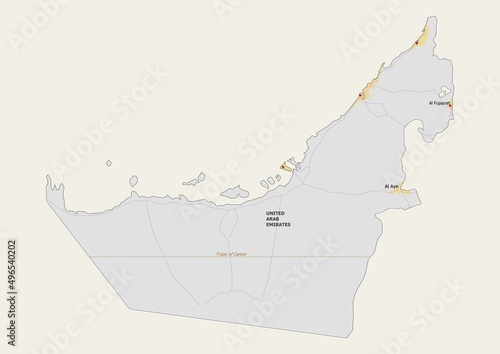 Isolated map of United Arab Emirates with capital, national borders, important cities, rivers,lakes. Detailed map of United Arab Emirates suitable for large size prints and digital editing. photo