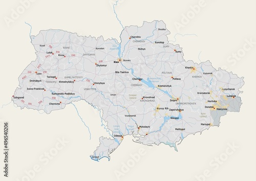 Isolated map of Ukraine with capital, national borders, important cities, rivers,lakes. Detailed map of Ukraine suitable for large size prints and digital editing. photo