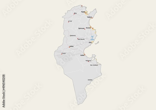 Isolated map of Tunisia with capital, national borders, important cities, rivers,lakes. Detailed map of Tunisia suitable for large size prints and digital editing. photo