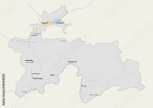 Isolated map of Tajikistan with capital  national borders  important cities  rivers lakes. Detailed map of Tajikistan suitable for large size prints and digital editing.