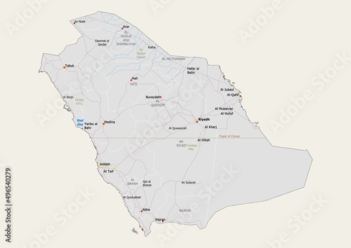 Isolated map of Saudi Arabia with capital, national borders, important cities, rivers,lakes. Detailed map of Saudi Arabia suitable for large size prints and digital editing. photo
