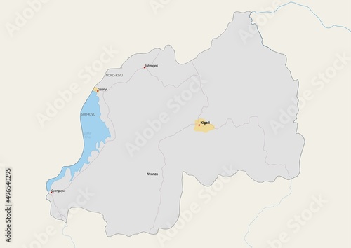Isolated map of Rwanda with capital, national borders, important cities, rivers,lakes. Detailed map of Rwanda suitable for large size prints and digital editing. photo