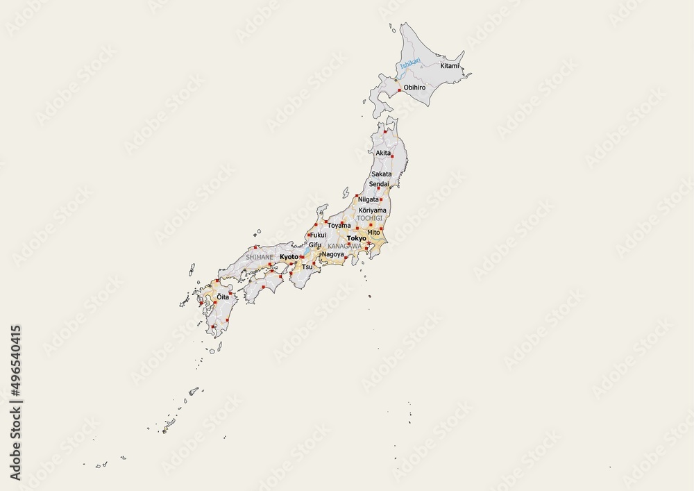 Isolated map of Japan with capital, national borders, important cities, rivers,lakes. Detailed map of Japan suitable for large size prints and digital editing. Isolated map of Japan with capital, national borders, important cities, rivers,lakes. Detailed map of Japan suitable for large size prints and digital editing.