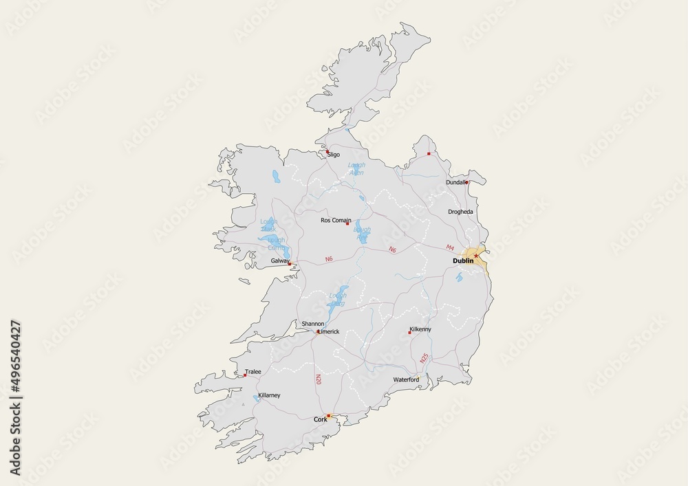 Isolated map of Ireland with capital, national borders, important cities, rivers,lakes. Detailed map of Ireland suitable for large size prints and digital editing.
