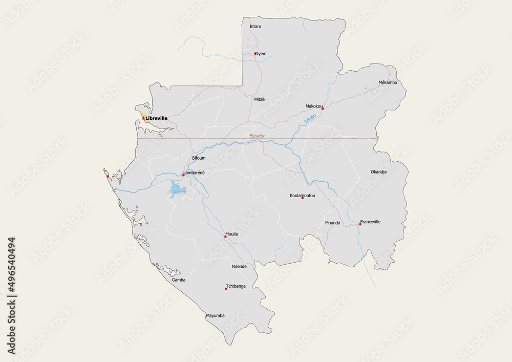 Isolated map of Gabon with capital, national borders, important cities, rivers,lakes. Detailed map of Gabon suitable for large size prints and digital editing.