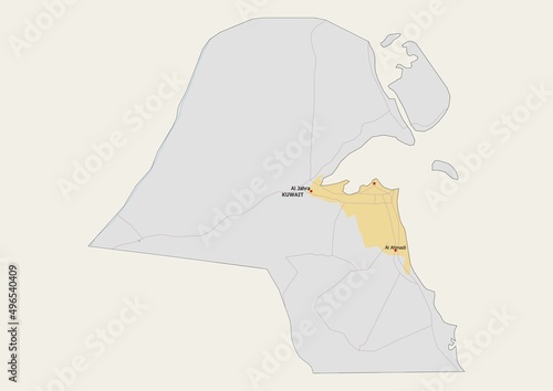 Isolated map of Kuwait with capital, national borders, important cities, rivers,lakes. Detailed map of Kuwait suitable for large size prints and digital editing. photo