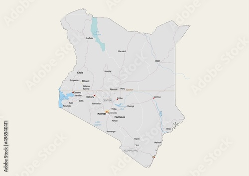 Isolated map of Kenya with capital, national borders, important cities, rivers,lakes. Detailed map of Kenya suitable for large size prints and digital editing. photo