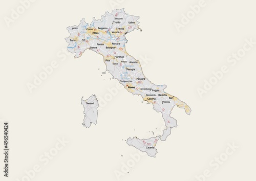 Isolated map of Italy with capital, national borders, important cities, rivers,lakes. Detailed map of Italy suitable for large size prints and digital editing.