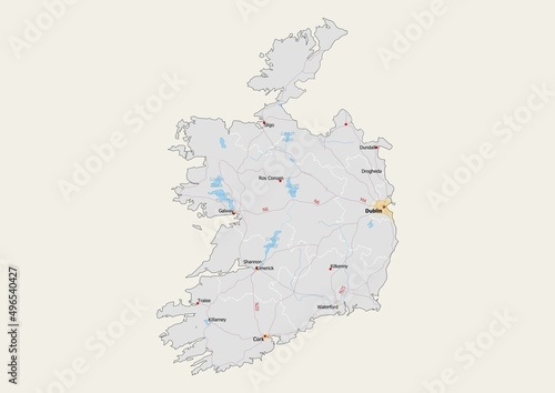 Isolated map of Ireland with capital, national borders, important cities, rivers,lakes. Detailed map of Ireland suitable for large size prints and digital editing. photo