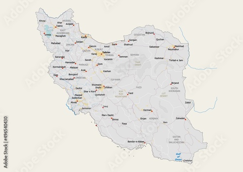 Isolated map of Iran with capital, national borders, important cities, rivers,lakes. Detailed map of Iran suitable for large size prints and digital editing. photo