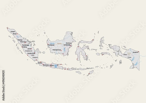 Isolated map of Indonesia with capital, national borders, important cities, rivers,lakes. Detailed map of Indonesia suitable for large size prints and digital editing.