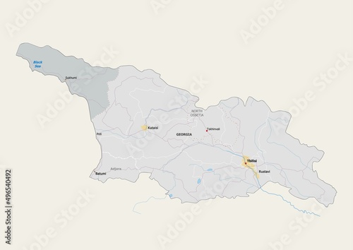 Isolated map of Georgia with capital, national borders, important cities, rivers,lakes. Detailed map of Georgia suitable for large size prints and digital editing. photo